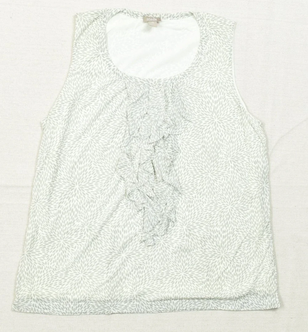 Chico's Women's Size 3 Green Floral Ruffle Front Sleeveless Tank Top Blouse Nylo